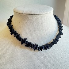 Vintage Blue Goldstone Chip Bead Necklace 16” Brass Clasp Charleston Estate