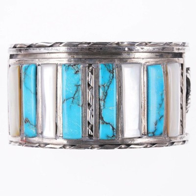 7.12'' Vintage Nelson Lee Zuni Large sterling channel inlay bracelet