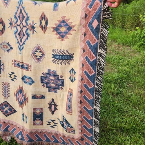 90s Y2K Goodwin Weavers Tapestry Throw Blanket 68x46 Fringe Boho Southwest Aztec - Picture 2 of 17