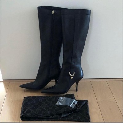 GUCCI Long Boots Heel Shoes EU 35 US 5 Leather Black Auth JAPAN