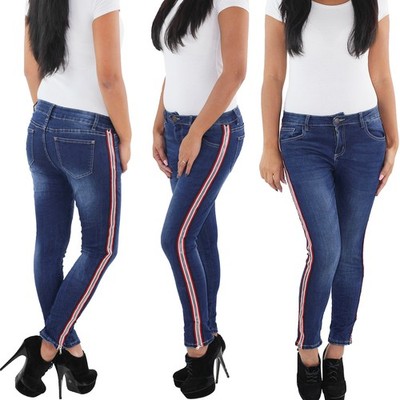 Damen Stretch Hüft Jeans Hose Röhrenjeans Skinny Slim Fit mit Seitenstreifen