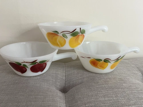 Set of 3 Vtg Anchor Hocking Fire King White Milk Glass w/ Handle Cherry/Peach