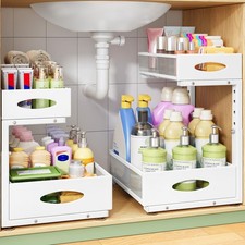 Under Sink Organizer, 2-Pack Pull Out Cabinet Organizer 2 Tier Metal Slide Ou...