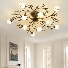 Vintage Flower Glass Shade Chandelier 4/8 Light Semi Flush Mount Ceiling Light