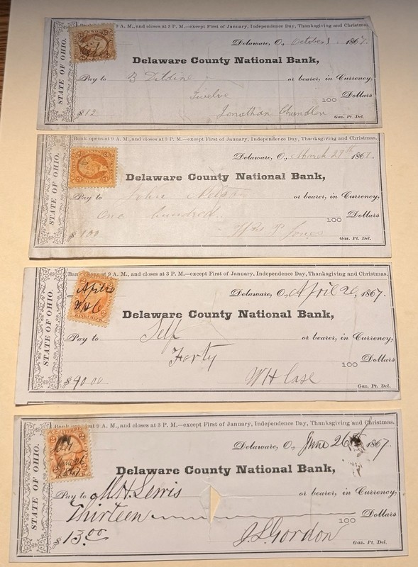 1867 Delaware Ohio, National Bank, (4) Checks, Stamps, Delaware County