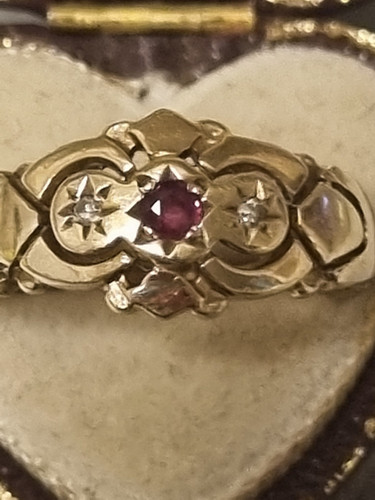 Vintage hallmarked 9ct gold ruby and diamond ring Size L and A Half Vgc