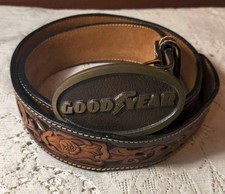 Vintage Larry Mahan Western Tooled Leather Belt Metal Goodyear Buckle