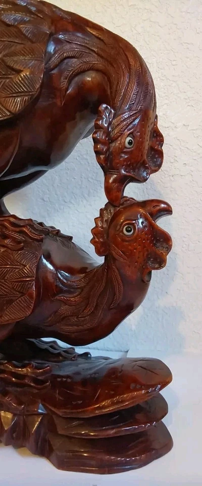 Antique Chinese Rosewood Carved Fighting Signed Roosters -Glass Eyes 11.5 X 9.5 - Image 2 of 4