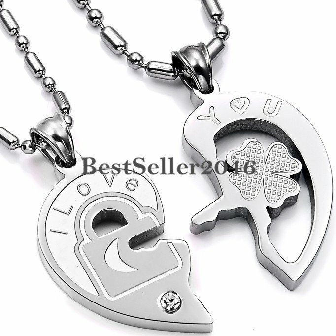 JewelryWe Valentine Love Gifts 2pcs His and Hers Heart Stainless Steel Pendant I Love You Promise Necklace Set - Black/Silver Tone (One Pair