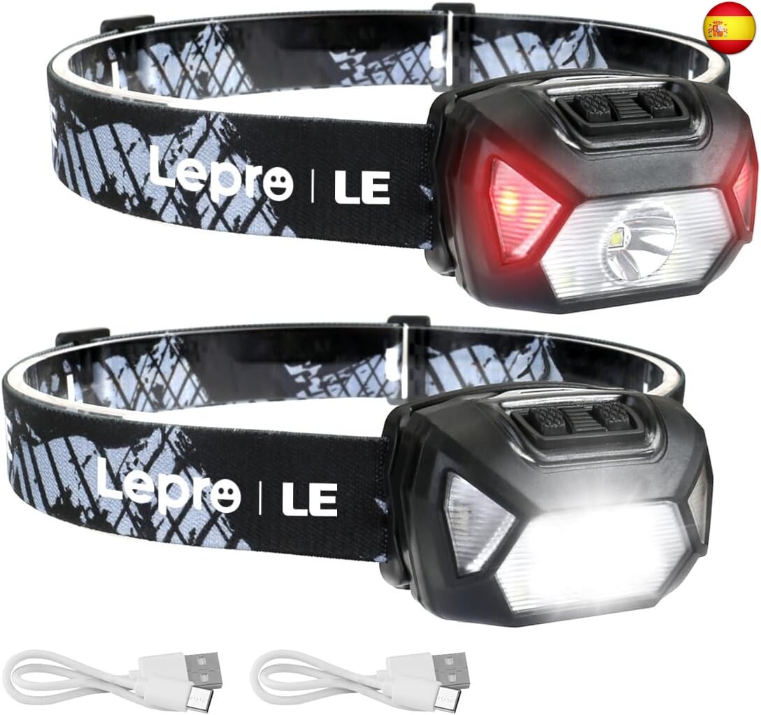LE Linterna Frontal LED Recargable 2000lux (2 Pack), Linterna Cabeza USB
