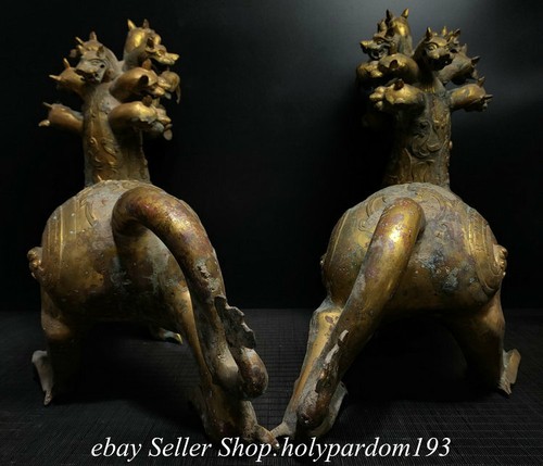26" China Warring States Period 24K Gilt Bronze ware 9 Head Dragon Epigraph Pair - Bild 4 von 8