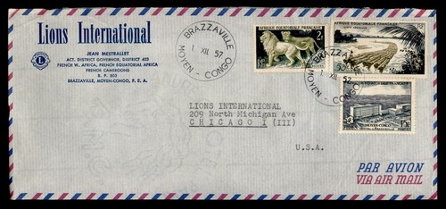 DR WHO 1957 FRENCH CONGO BRAZZAVILLE LIONS INTERNATIONAL AIRMAIL TO US m19658