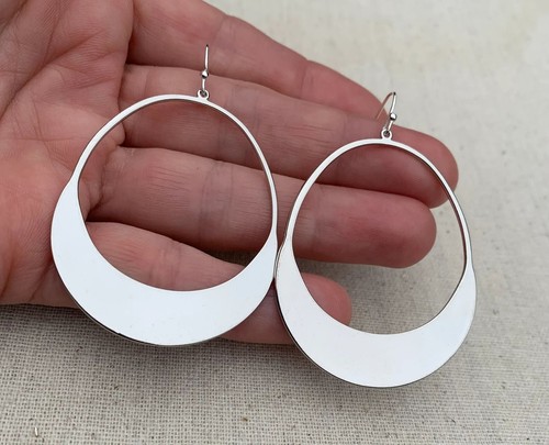 Elegant Crescent Hoop Earrings 925 Sterling Silver Handmade Statement Jewelry - Picture 3 of 9
