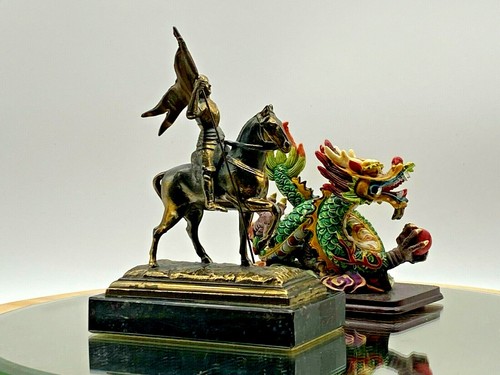 Vintage Metal Brass Desk Ornament Figurine Joan of Arc on Horseback on Plinth - Picture 12 of 12