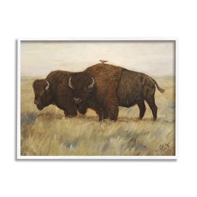 Bird on Bison Rural Scene Framed Giclee Art, Design by Kathy Winkler