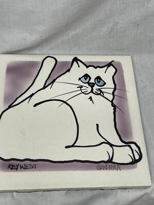 Vintage Key West Ceramic Tile White Cat Kitty Blue Eyes W. Hyla 6 
