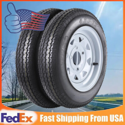 2-Pack Trailer Tires On Rim 4.80-12 480-12 4.80x12 12 Rims PCD 4 Lug on 4