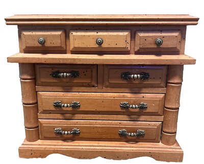Vtg Bamboo/Centurion Stained Wood 4 Drawer Jewelry Box w/Vanity Lid Felt Lining
