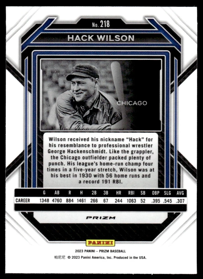 2023 Panini Prizm HOLO PRIZM Hack Wilson Chicago Cubs #218 - Image 2 of 2