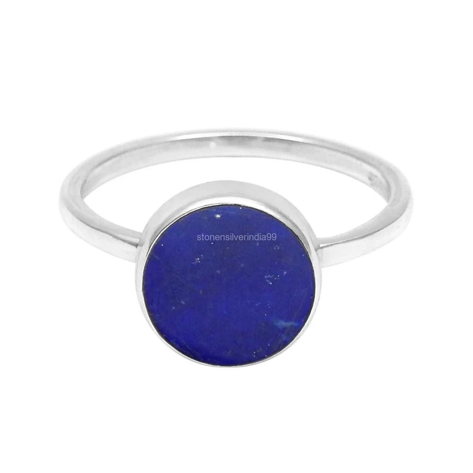 Round Lapis Lazuli Gemstone 925 Solid Silver Bezel Statement Throat Chakra Ring - Image 3 of 4