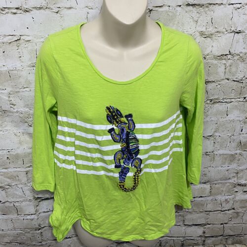 Crown &amp; Ivy Womens Sz S Green Striped Lizard Beaded 3/4 Sleeve T Shirt AA48