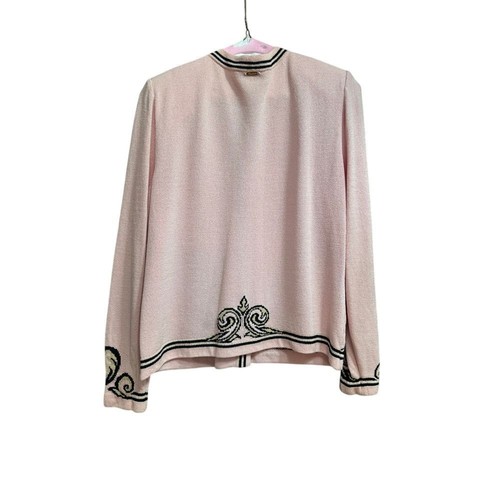 St. John Sport Pink Knit Cardigan Sweater Black Scroll Embroidery Petite P/2 - Picture 2 of 7
