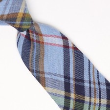John G Hardy Wool Necktie Light Blue Navy Tan Red Plaid Weave Woven Tie Italy
