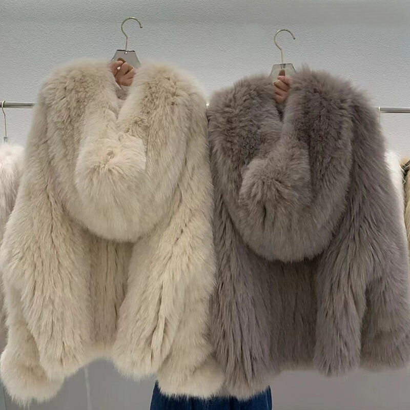 Double-sided Woven Fox Fur Coat Women's Hooded Young Fur Double-sided Woven Fox Fur Coat Women's Hooded Young Fur