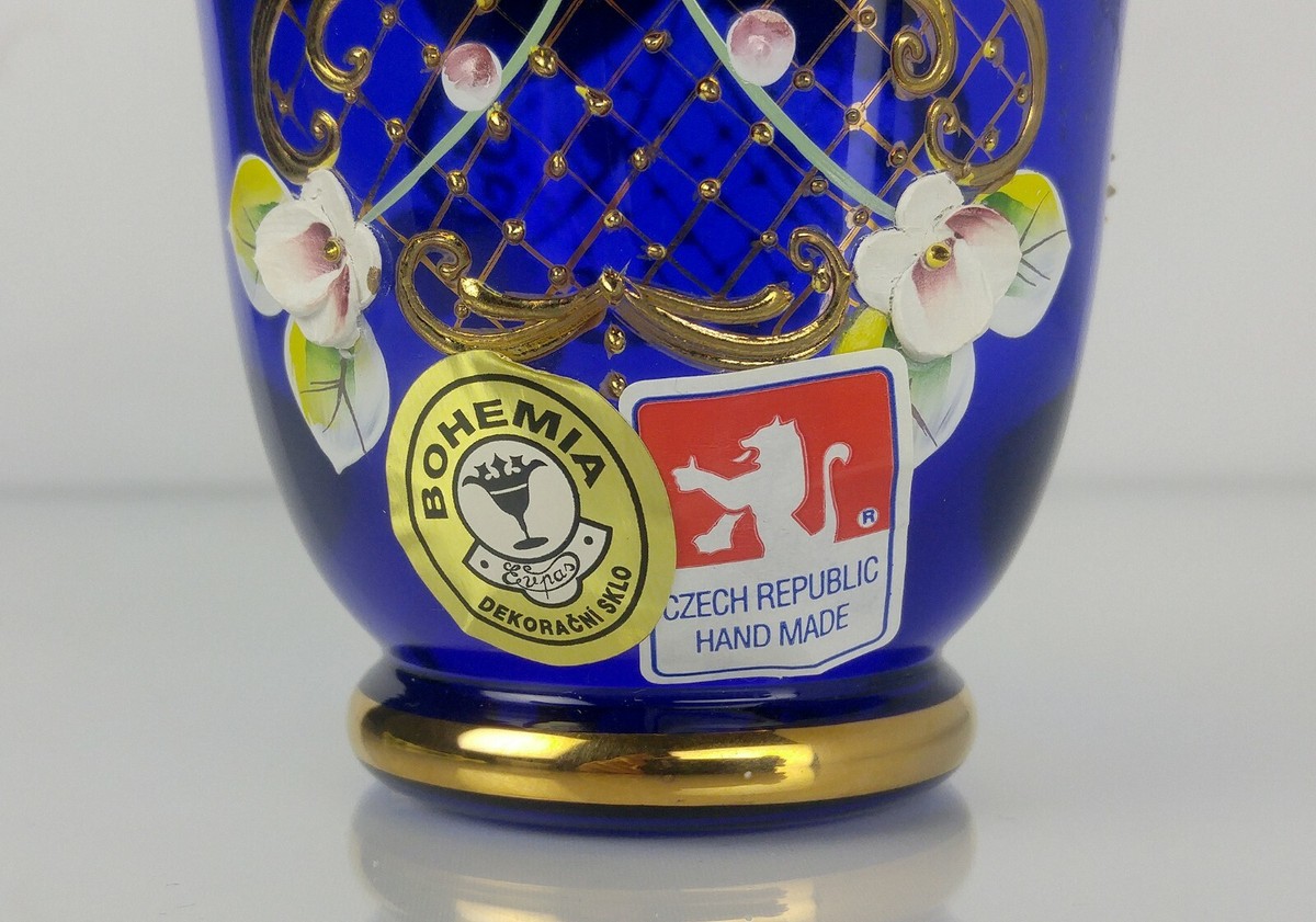 Bohemia Glass Cobalt Blue Gold / Raised Enamel Vase Czech-Vintage