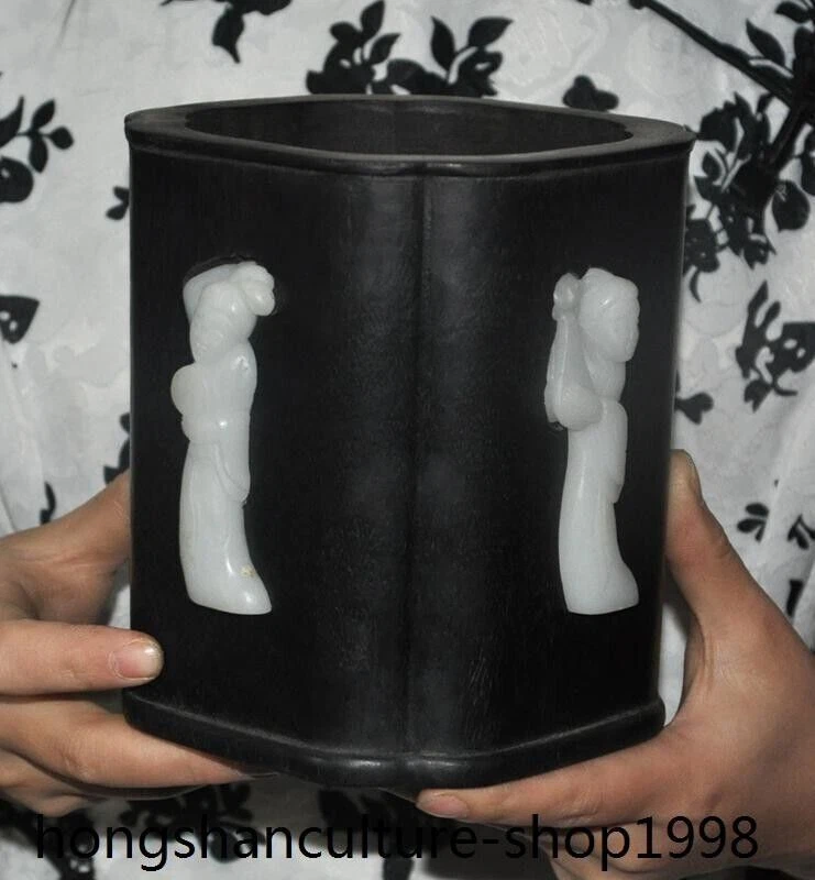 Jarrón lápiz de 5,6"" China palo de rosa hetian jade talla herramientas de caligrafía cepillo maceta Foto 2 de 4