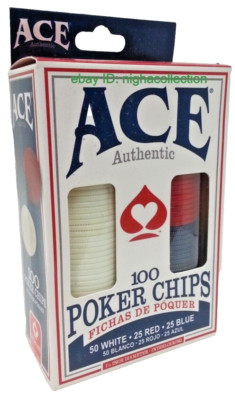 ACE Poker Chips ( 100 in a Box ) 50_WHITE, 25_RED & 25_BLUE BRAND NEW BOX
