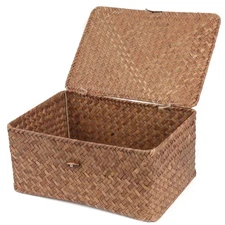 FEIALNDUO Wicker Shelf Baskets with Lid,Seagrass Storage Basket Bins Rectangu...