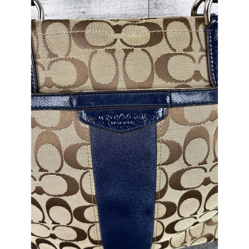 COACH SIGNATURE Navy Stripe Brown C Pattern Canvas Shoulder BAG Purse Handbag - Picture 3 of 12