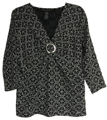 Josephine Chaus Women's Large Pullover Black Floral Embroidered 3/4 Sleeve  Ring