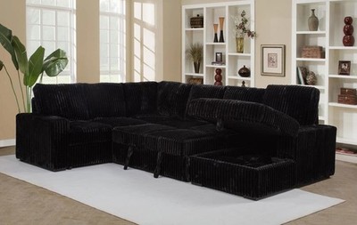 BLACK CORDUROY SLEEPER SOFA SECTIONAL POP UP CHAISE STORAGE LIVINGROOM FURNITURE