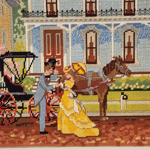 Vintage Nadelspitze viktorianische Straßenszene Pferdekutsche Candamar fertig 17,5" - Bild 7 von 18