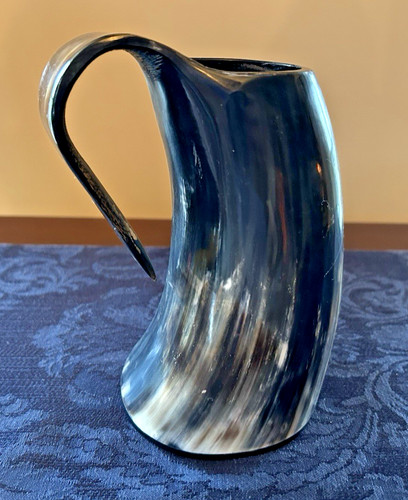 Viking Style Bovine Cow Bull Ox Drinking Horn Mug with Curved Handle 6.75"
