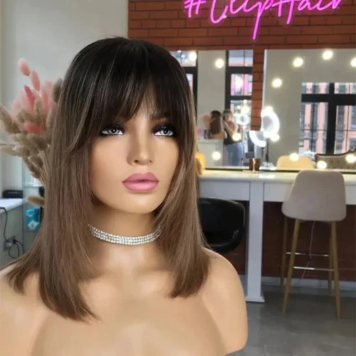 Ombre Brown Bob Wigs with Bangs 13x4 Lace Front 100% Human Hair Wigs - Bild 2 von 4