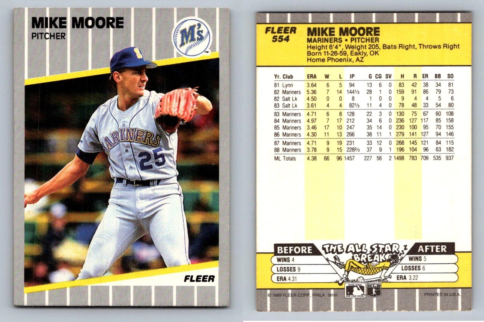 Mike Moore Pitcher Seattle Mariners Fleer 1989 Card 554 Sports Memorabilia