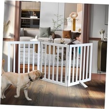 Freestanding Indoor Dog Gate for House Foldable Wood White Puppy Gate for