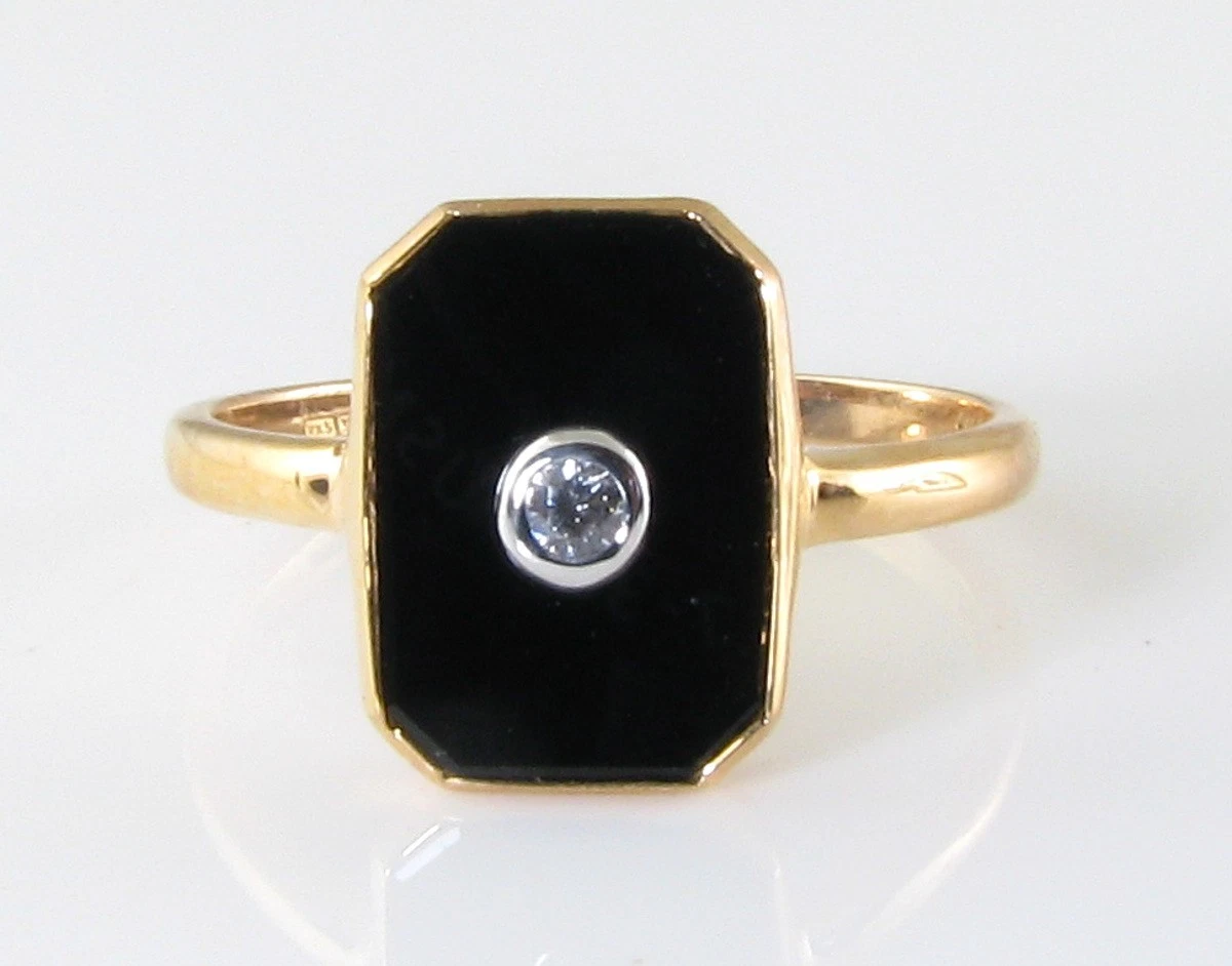 Anillo Art Déco 9ct Oro Rosa Ónix y Diamante Ajustable Gratis Resizable