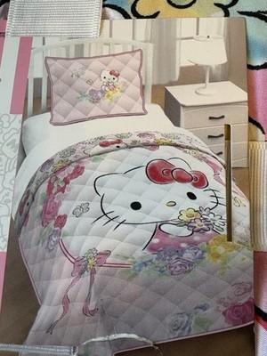NEW HELLO KITTY SET Quilt Comforter BED Cover Sham TWIN Cute Flower Daughter Gir