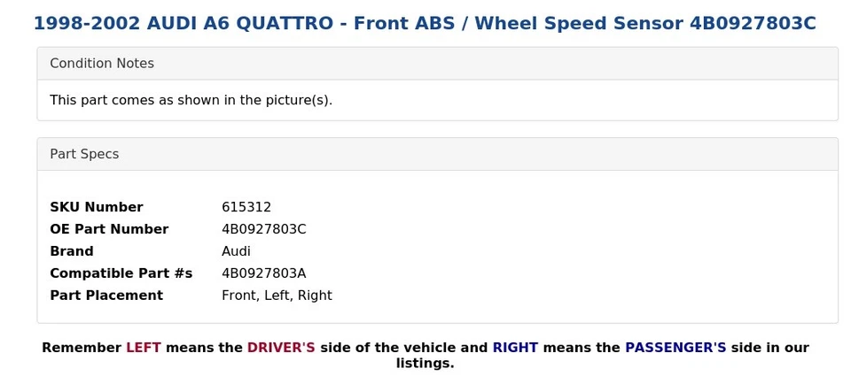 1998-2002 AUDI A6 QUATTRO - передний ABS / датчик скорости колеса 4B0927803C - Изображение 4 из 4