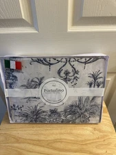 Portofino Jungle Toile Elephant Print White Blue Queen Sheet Set  Made in Italy