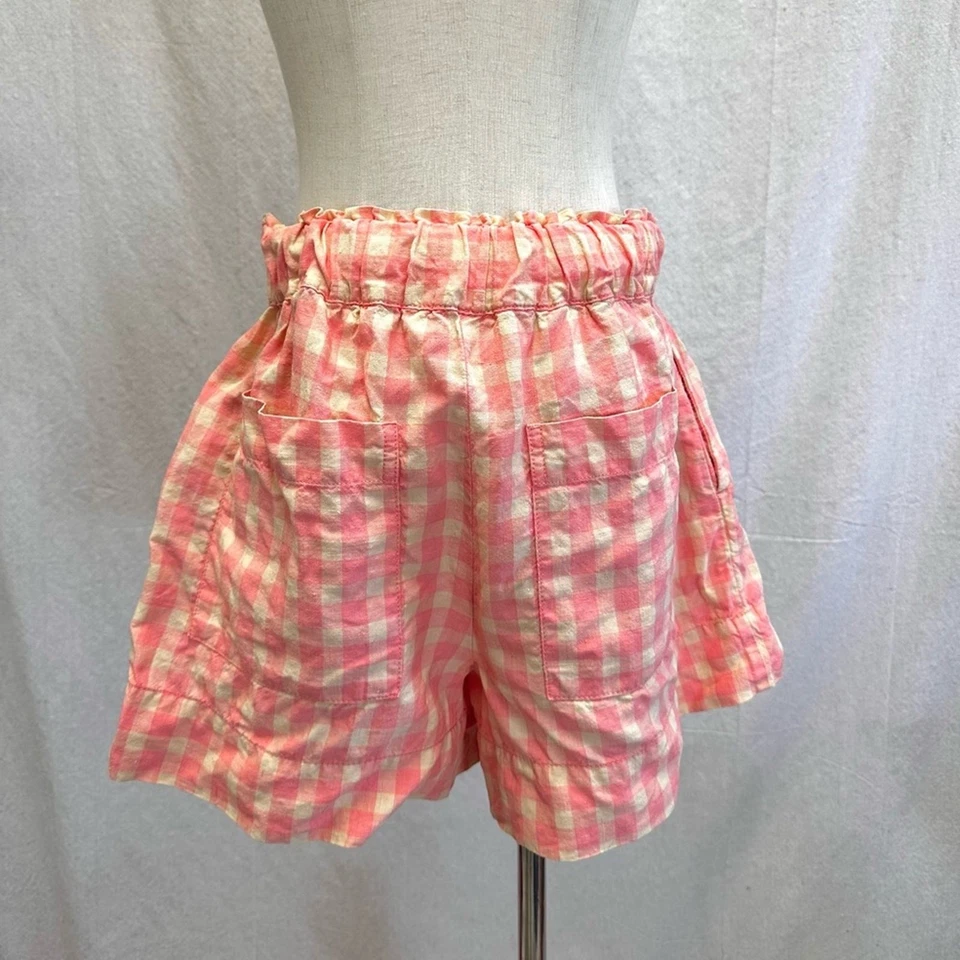 Pantalones cortos Lou & Grey Gingham rosa/beige 100% lino tiro alto talla pequeña Foto 2 de 4