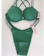 Victorias Secret 2 Pc Swim Suit Bombshell Shine Strap 32C PushUp Small Thong-NWT