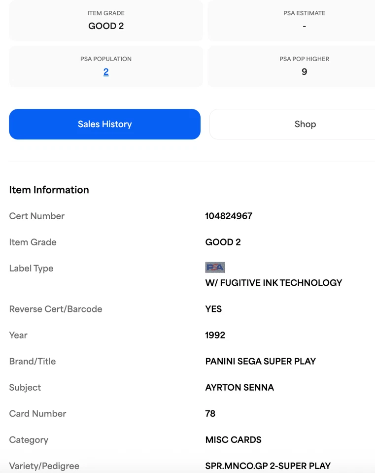 Panini Sega Super Monaco GP 2 1992 Super Play Ayrton Senna #78 PSA 2 GD Foto 3 de 3