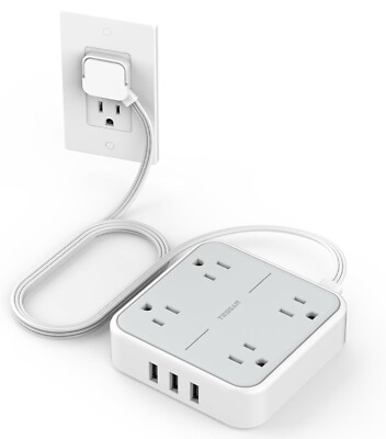 Flat Plug Surge Protector Power Strip, 5 ft Extension W/ 4 Outlet And 3 USB PORT