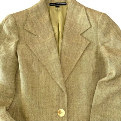 Linda Allard Ellen Tracy Size 2 100% Linen Neutral Tan w/Green Cast Blazer