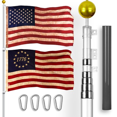 20 Ft Telescoping Flagpole SV & USA and Betsy Ross 1776 TS Flags Emb 300D 3x5Ft